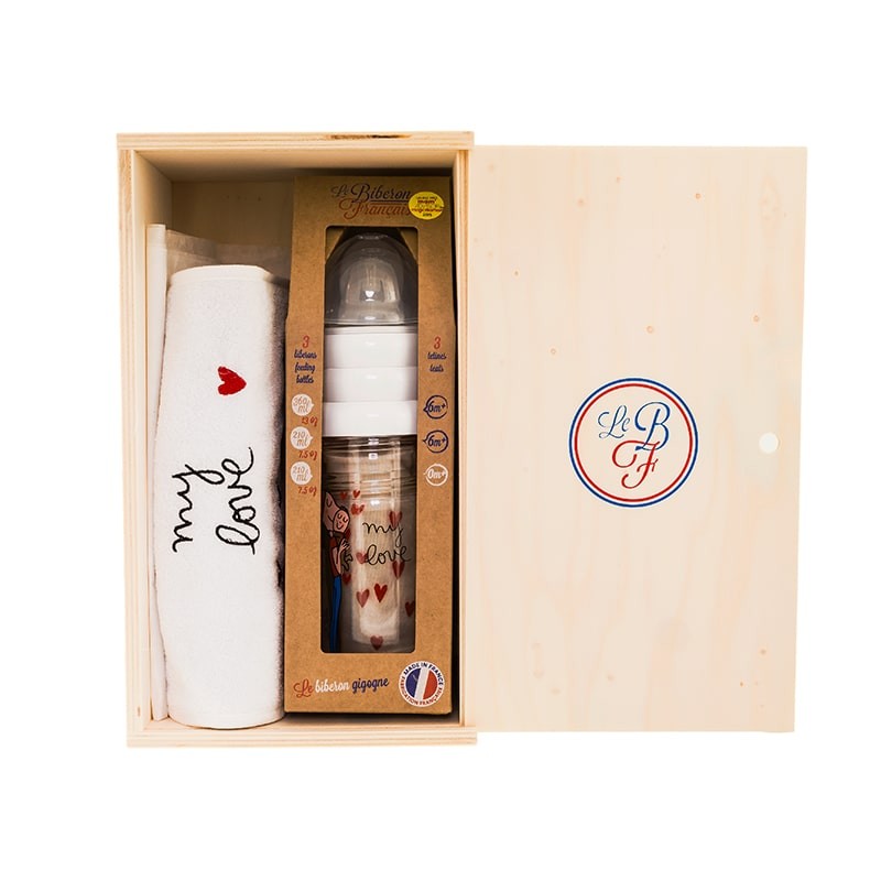 Coffret en bois My love - 3 biberons - Le Biberon Français Coffret en bois My love - 3 biberons - Le Biberon Français